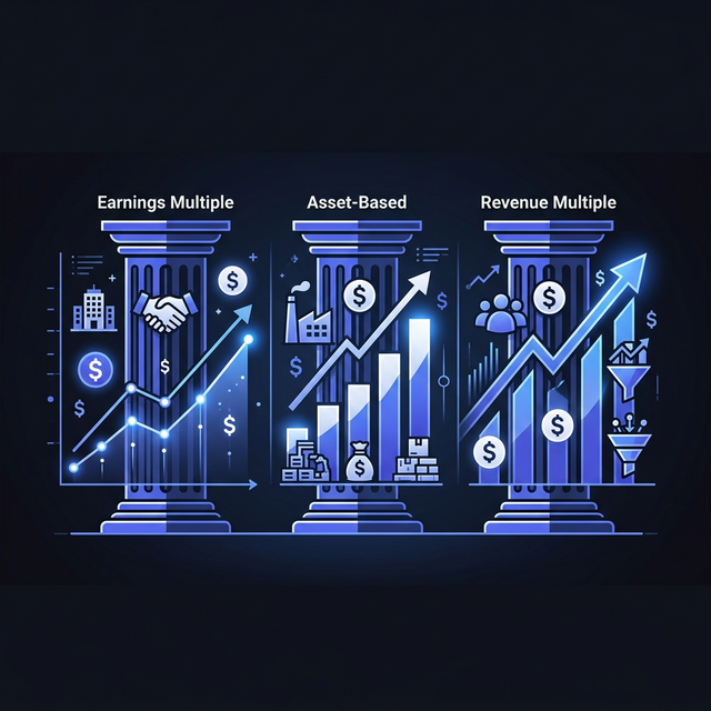 Three business valuation methods: Earnings Multiple, Asset-Based, and Revenue Multiple illustrated as pillars