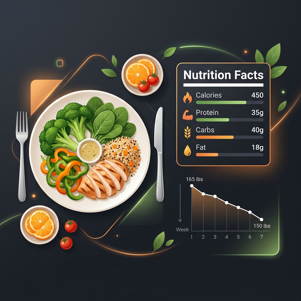Balanced plate of food alongside a nutrition label and calorie tracking chart
