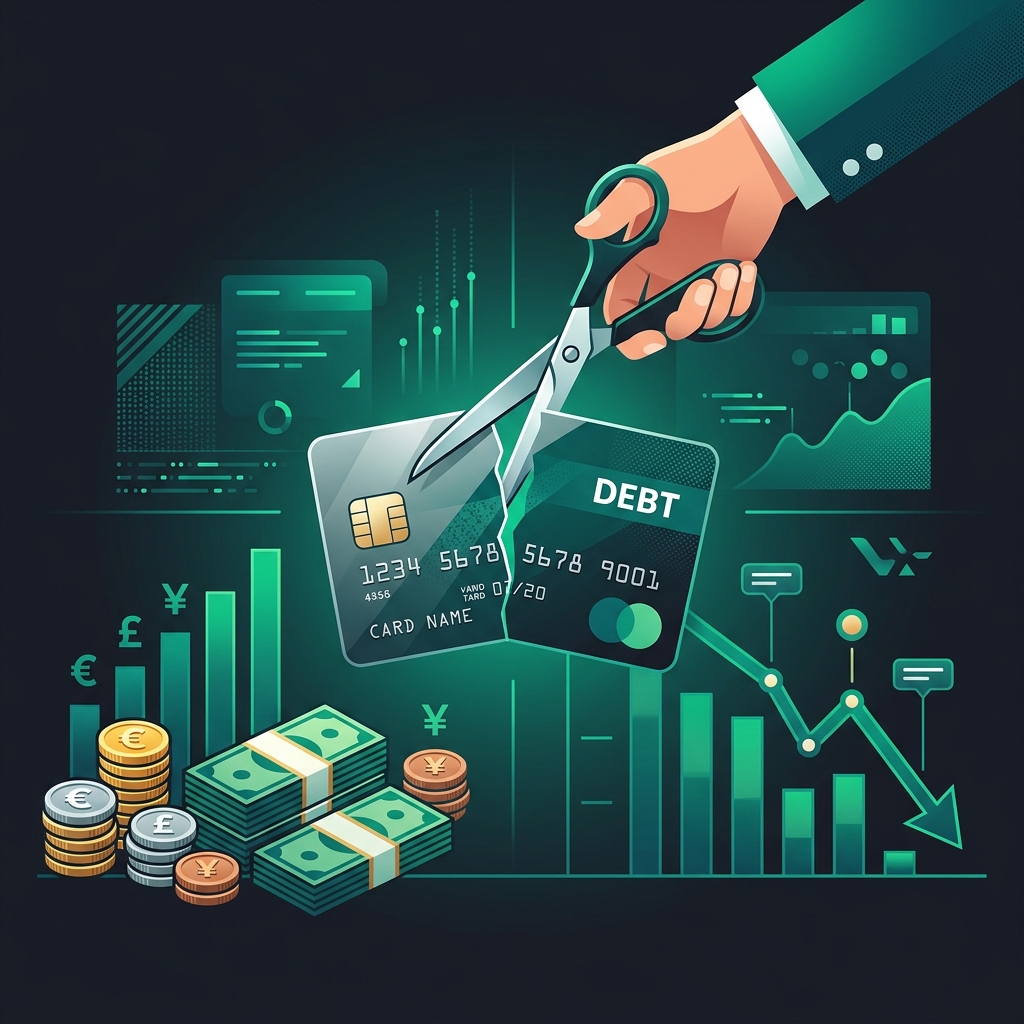 Credit card being cut with scissors next to a debt payoff chart showing declining balance over time