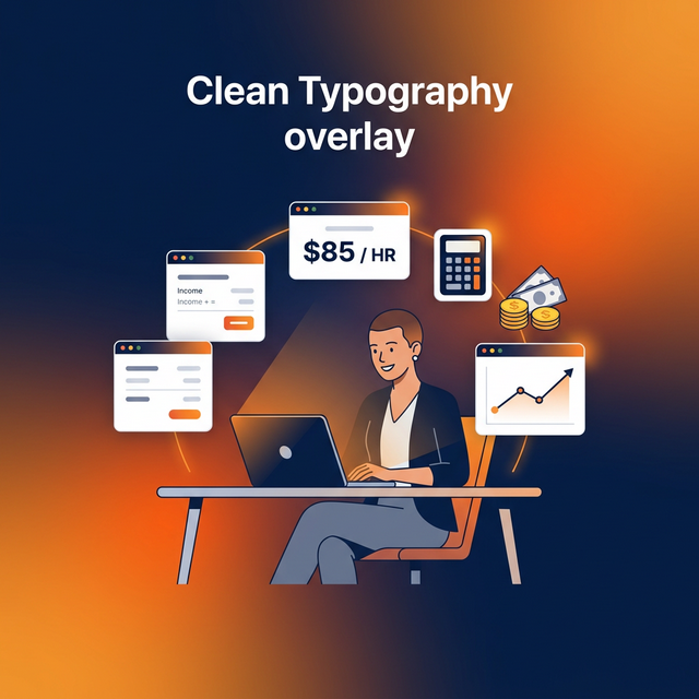 Freelancer at desk calculating their ideal freelance rate with a laptop showing $85/hr, income charts, and calculator icons