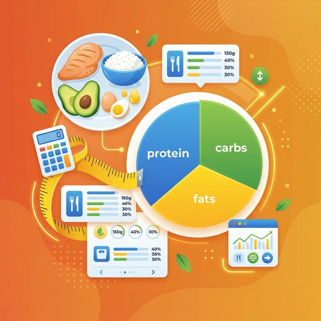 Macro calculator visualization with protein carbs and fat pie chart segments alongside food icons and nutrition labels