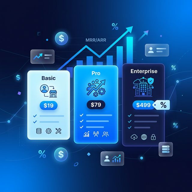 SaaS pricing strategy visualization with three tier cards showing Basic Pro and Enterprise pricing plans with MRR growth chart