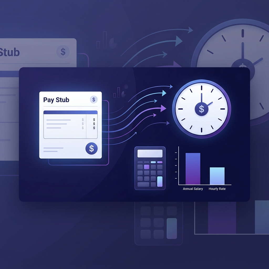 Paycheck transforming into an hourly rate with a clock and salary comparison chart