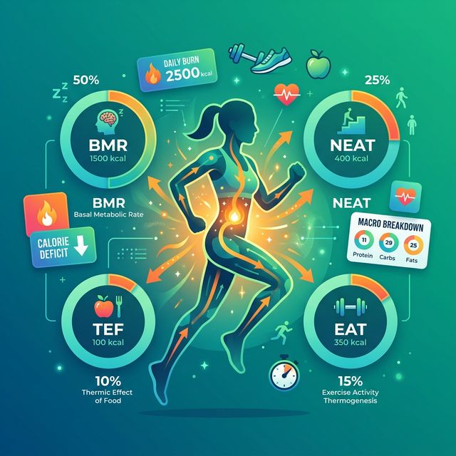 TDEE calculator visualization showing calorie burn components BMR NEAT TEF and exercise activity thermogenesis