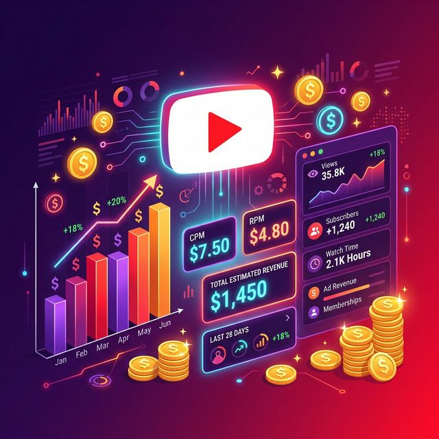 YouTube analytics dashboard showing CPM rates, revenue charts, and creator earnings metrics
